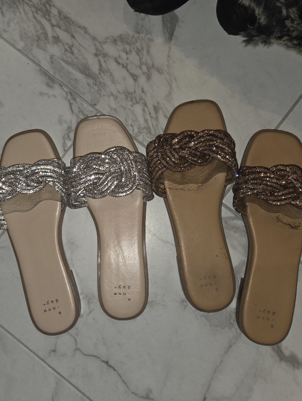 Rhinestone Braided Slide Sandals - Silver and Bronze Size 8 & 8.5